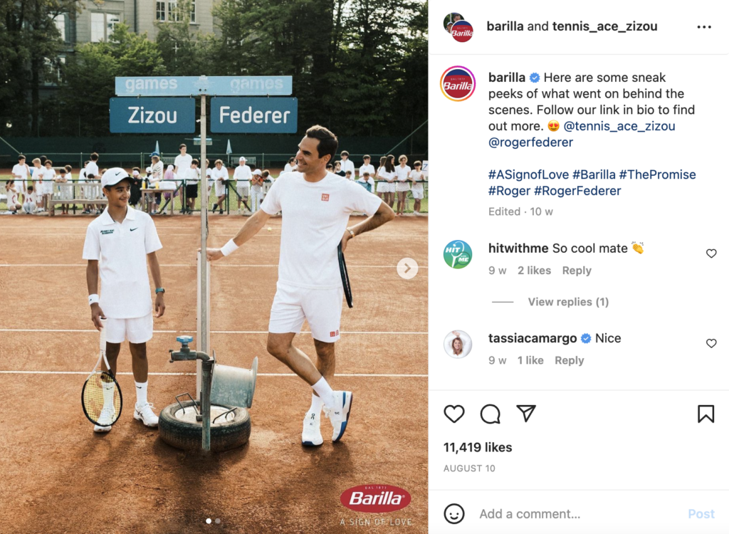 captura de pantalla de cuenta de instagram de barilla con roger federer, validando deporte y redes sociales