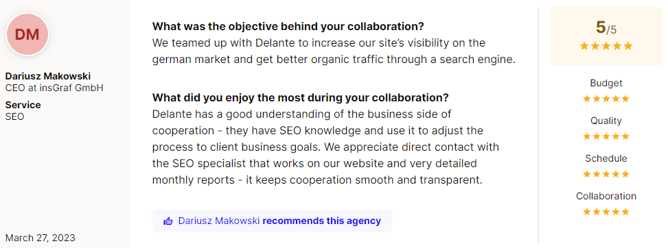 Delante's client review on Sortlist