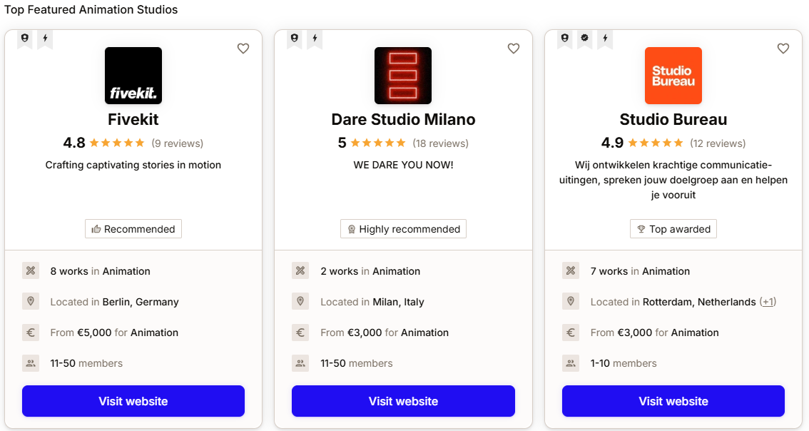 Most businesses start their search by Googling "find animation agencies" or browsing directories such as Clutch, DesignRush, or Behance. To streamline your search, however, we highly recommend taking a look at the top animation studios in Sortlist directory and trying these strategies.