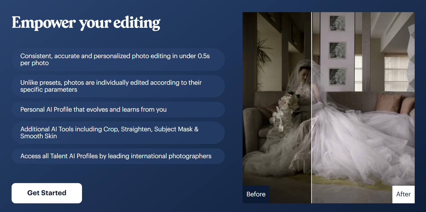 Imagen AI offers one of the most personalized editing experiences in photography. The tool learns your editing style and applies it to batches of images, saving hours of post-processing time.