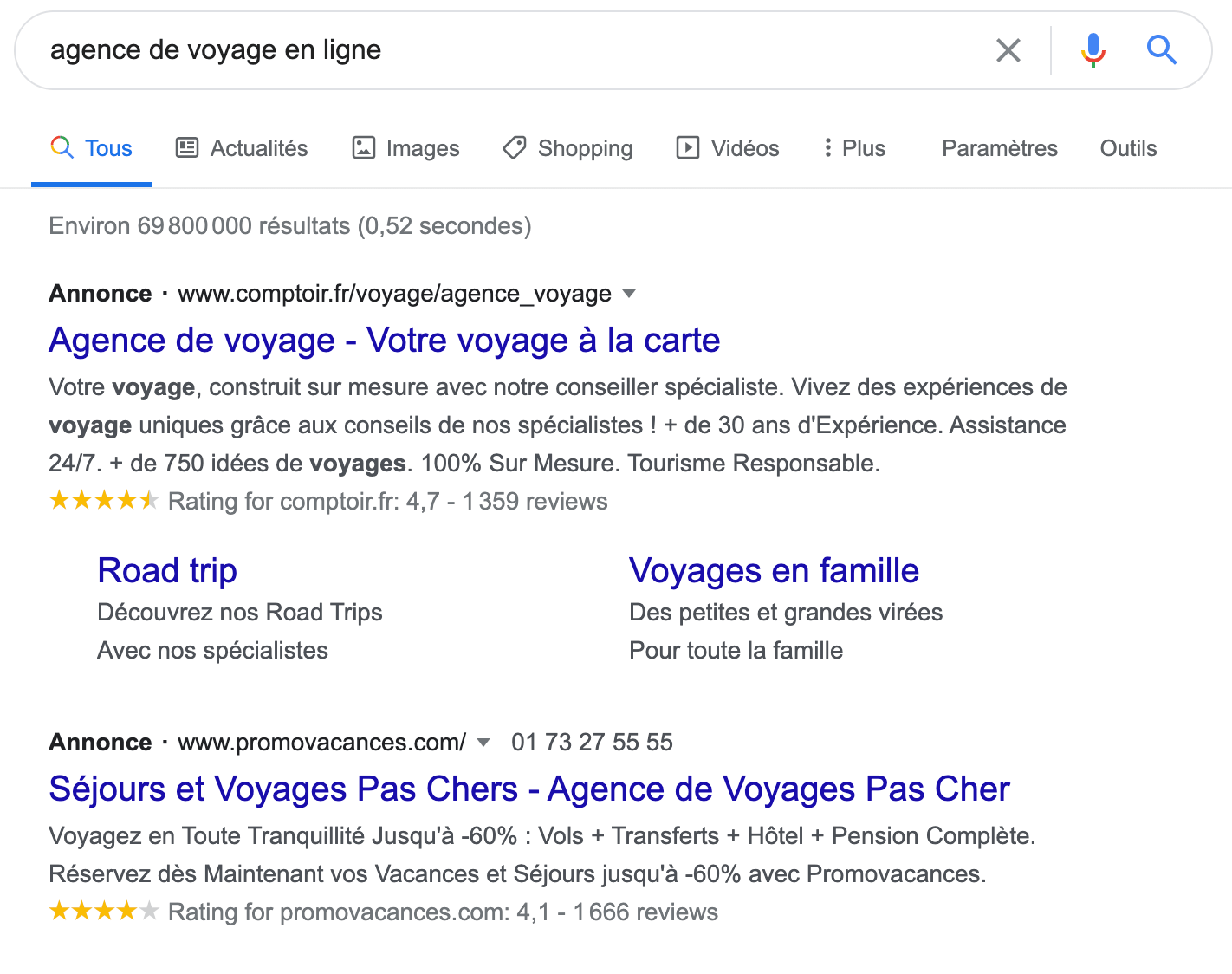 Capture d'ecran montrant une annonce google ads