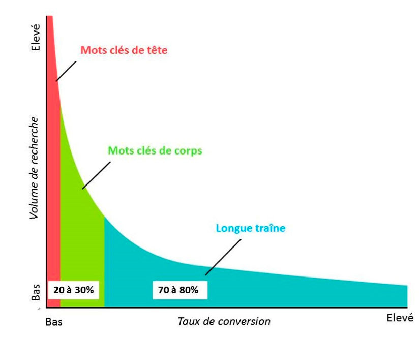 Graphique montrant la longue traine des mots-clefs
