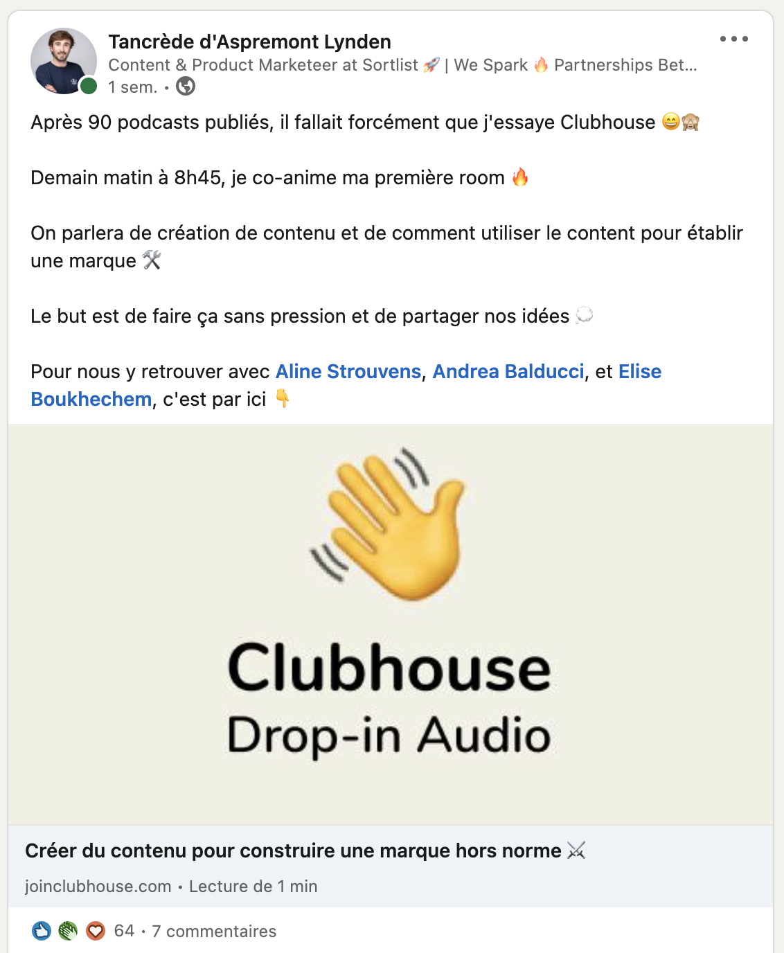 Post LinkedIn Tancrède