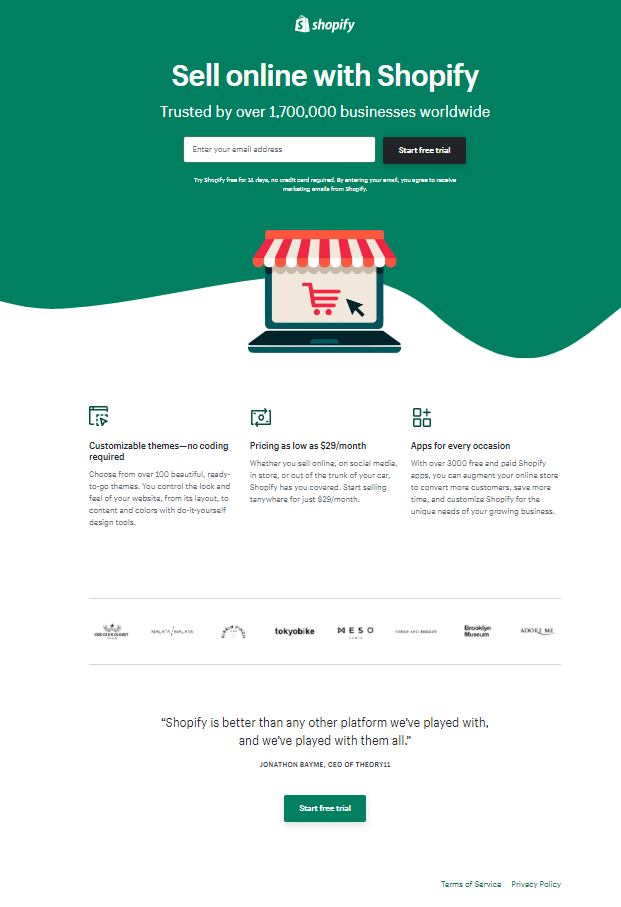 landing page exemple Shopify