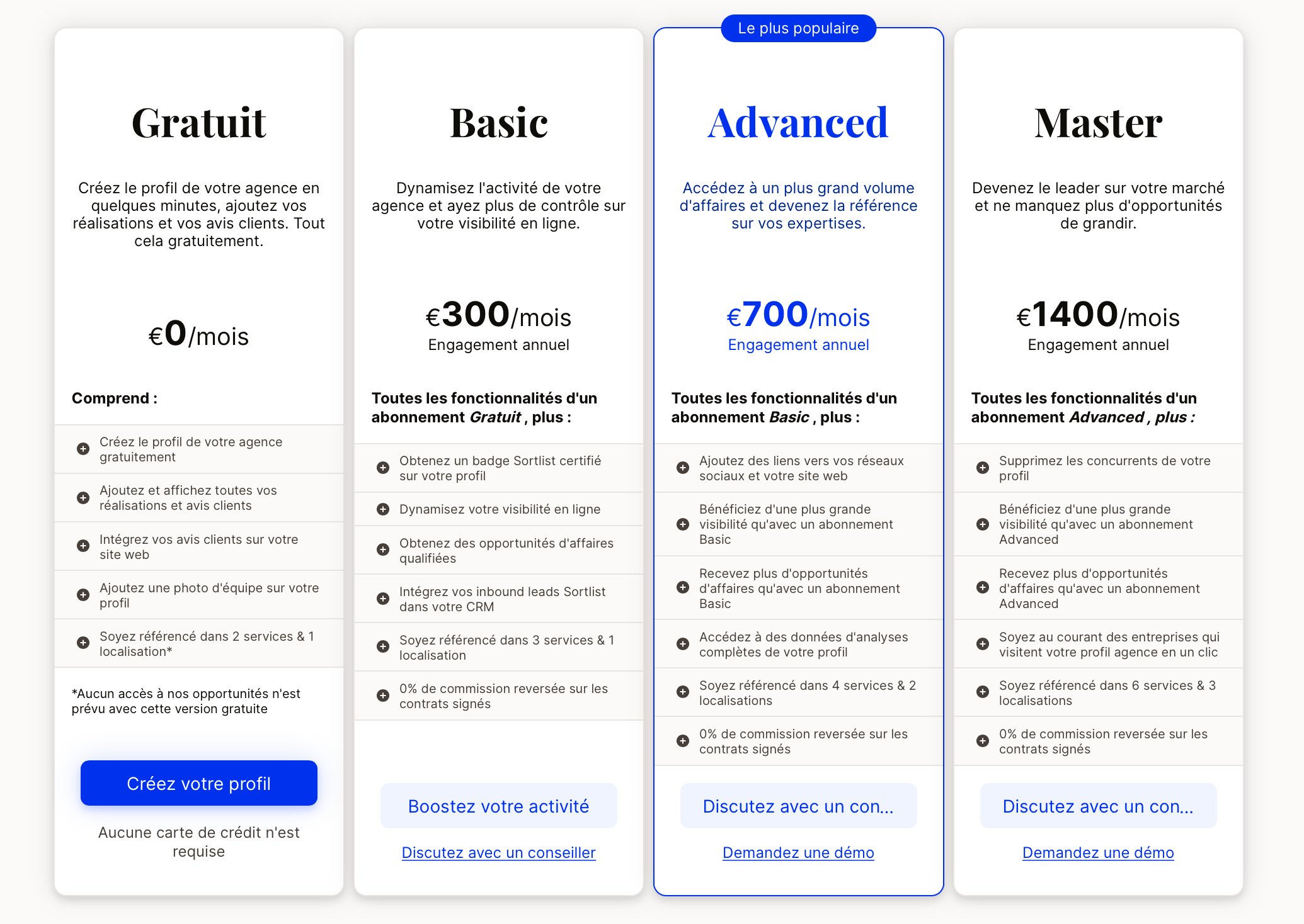 Tarifs & forfaits Sortlist | Stratégie de communication digitale