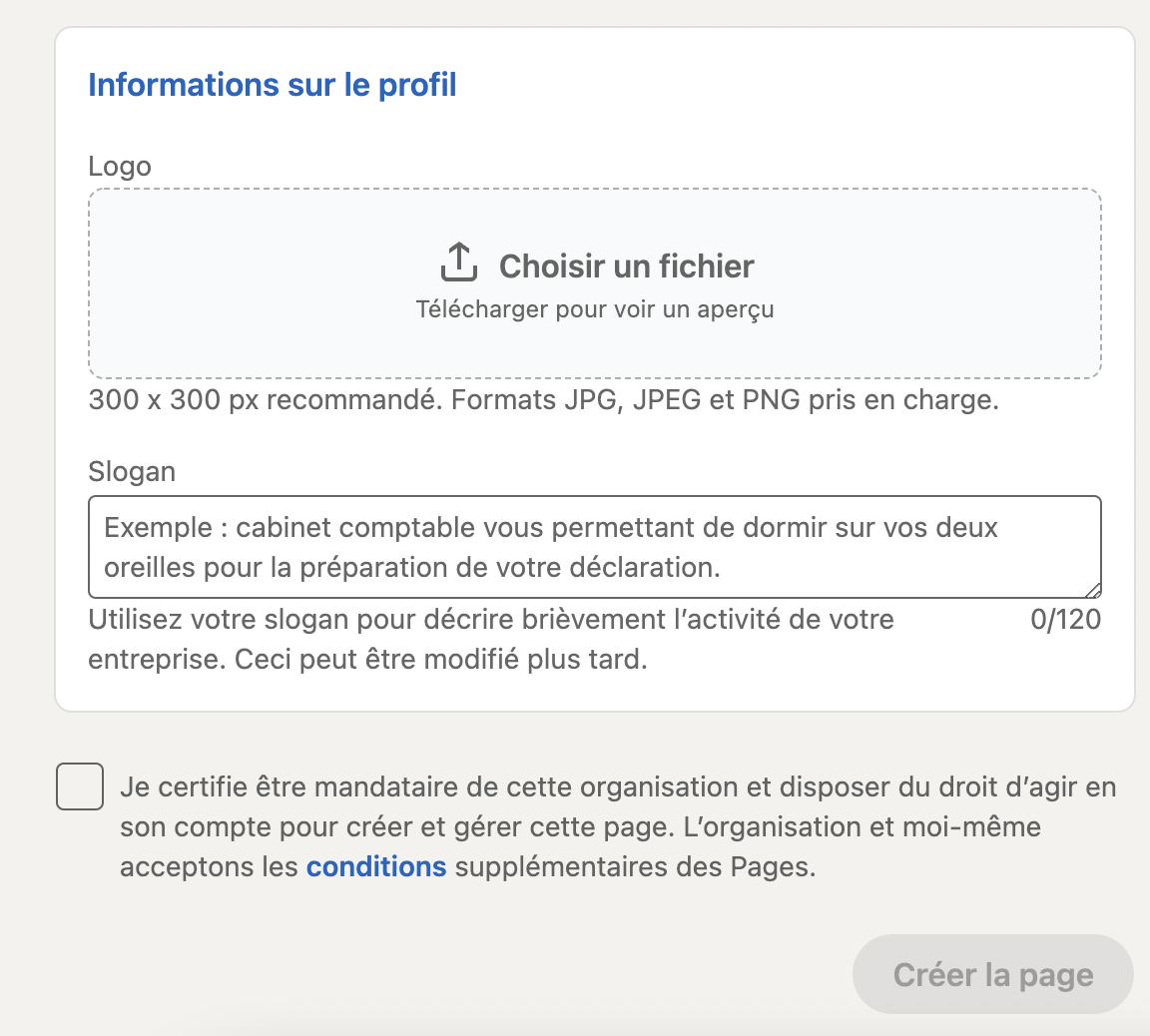 créer sa page d'entreprise étape 3
