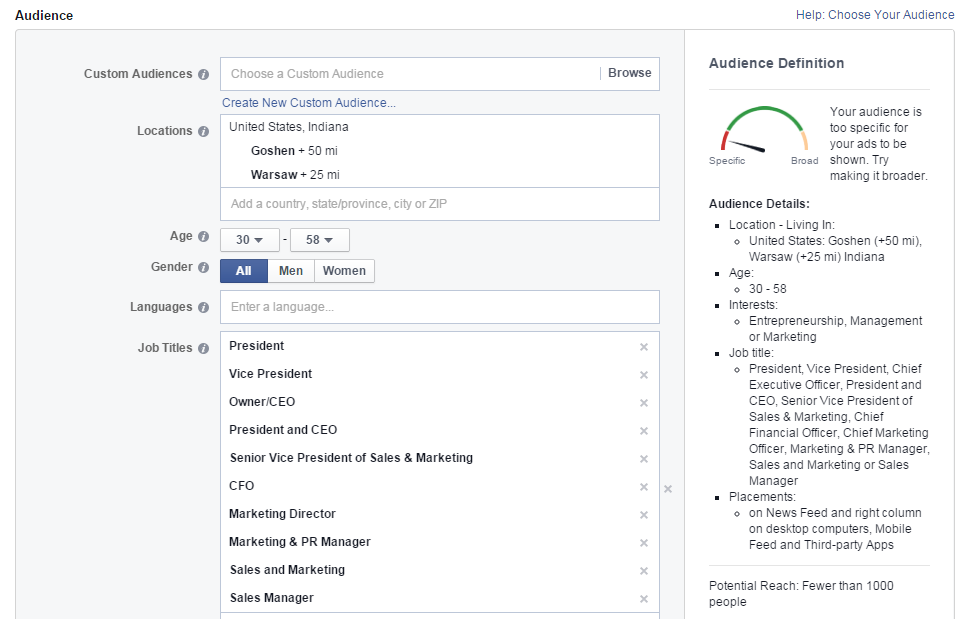 Exemple de définition de l'audience d'une campagne publicitaire Facebook