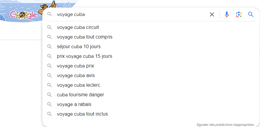 Suggestions dans la barre de recherche Google