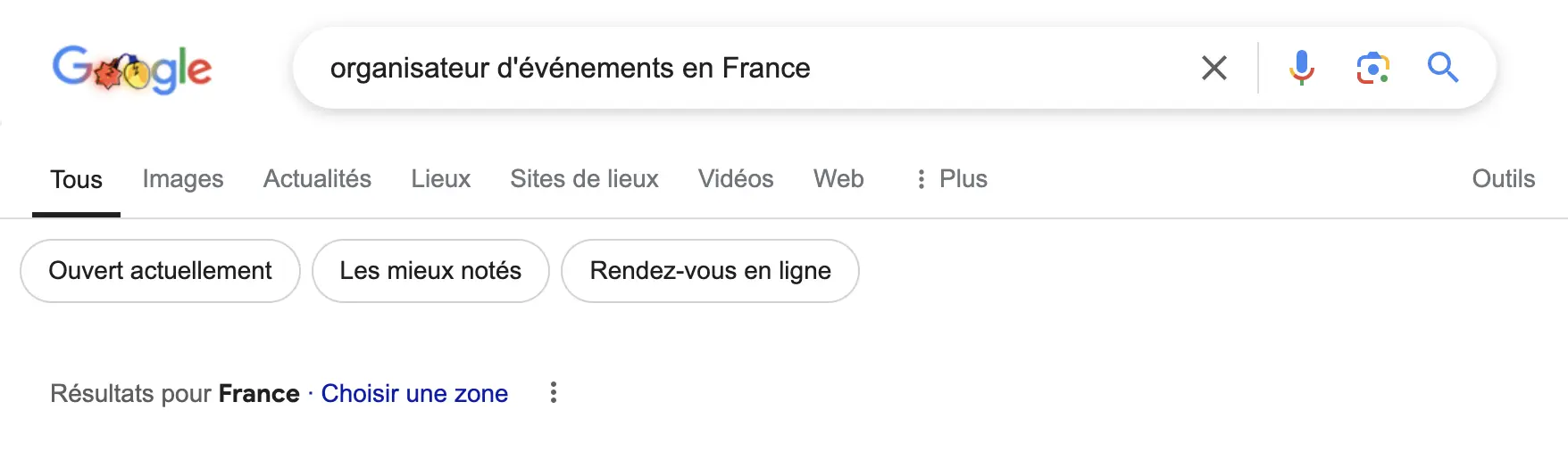 Recherche Google pour trouver le meilleur organisateur d'événements