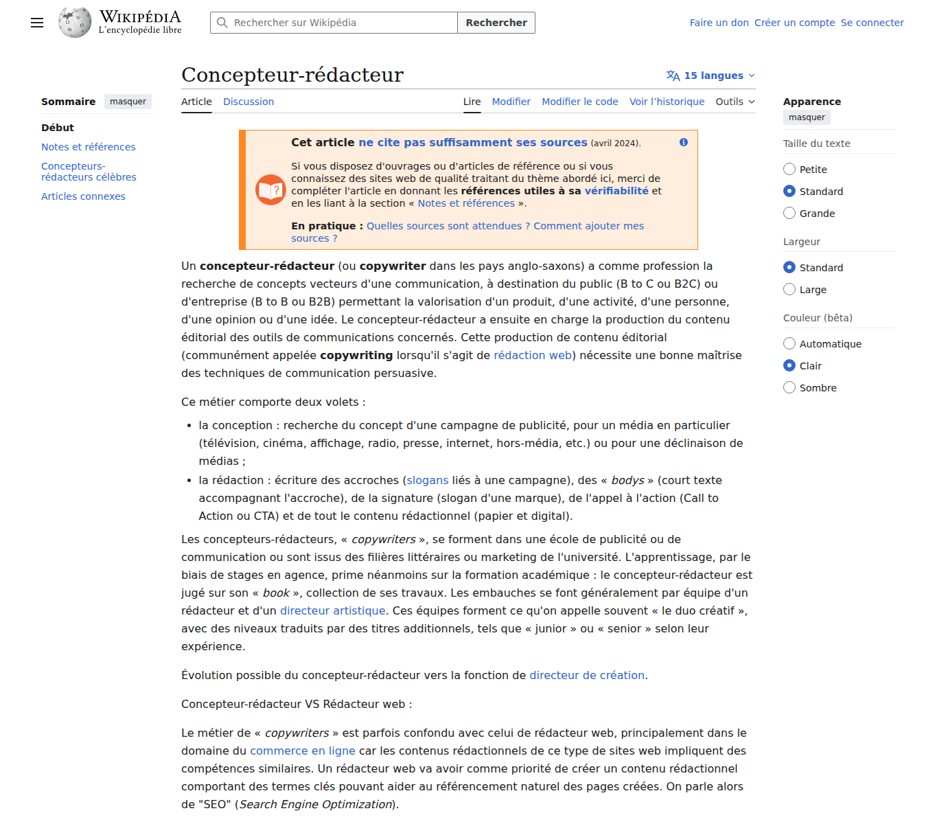 Screenshot de référence sur le métier de concepteur-rédacteur