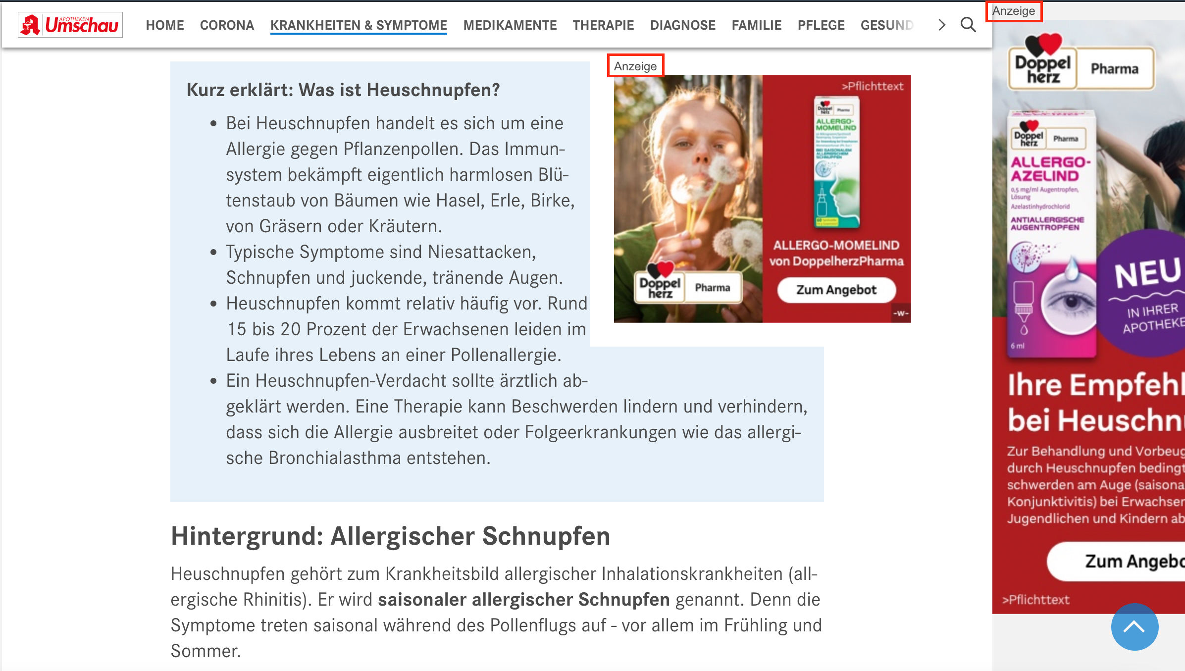 werbung für allergiemittel auf apothekenumschau