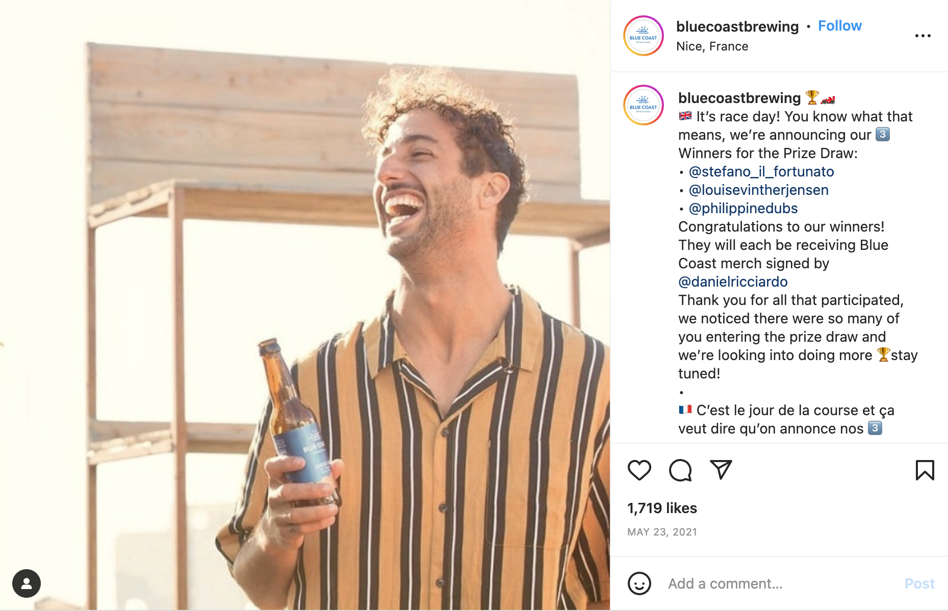 Sport uns Social Media: Daniel Ricciardo für Blue Coast Brewing