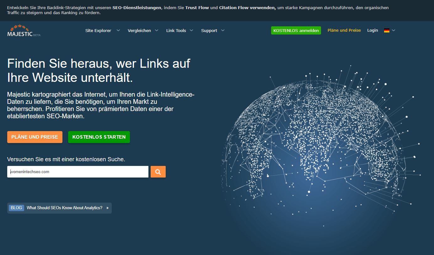 Screenshot von der Majestic Website