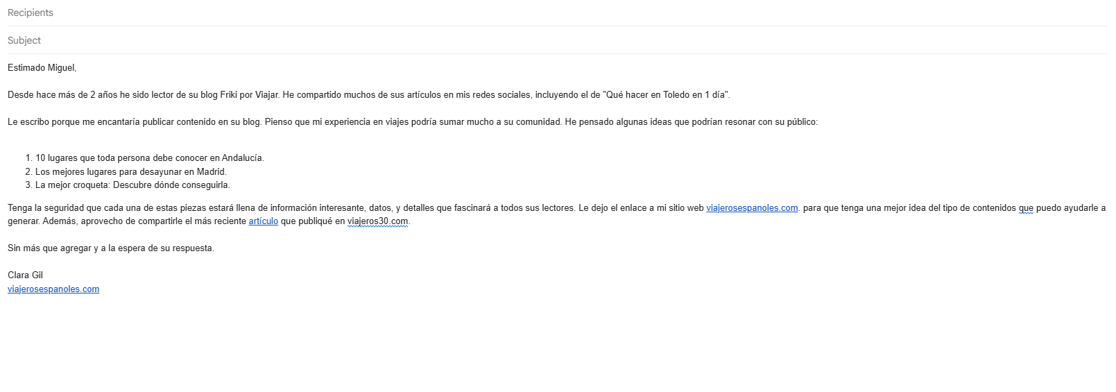 Ejemplo de correo de presentación de idea de guest blogging.