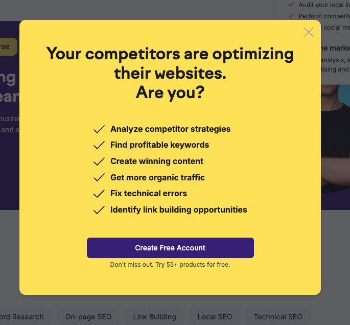 Semrush pop-up