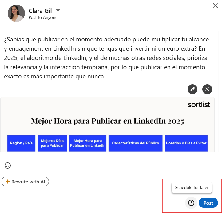 Usa herramientas de automatización (te recomendamos probar Buffer, Hootsuite o la función nativa de LinkedIn) para publicar exactamente en los minutos clave, incluso si no estás conectado.